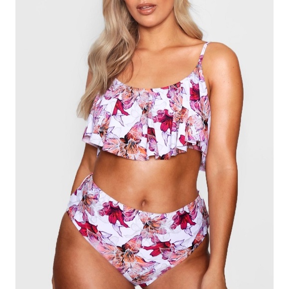 Boohoo Plus Other - Plus Jane Floral Print Frill High Waisted Bikini